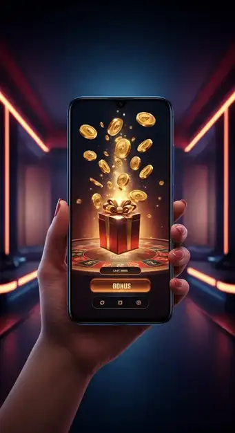 Bannière présentant les offres de bonus de bienvenue de Win Vegas Plus Casino avec des jetons de casino et des tours gratuits.